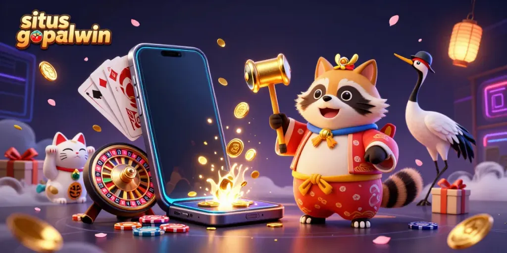 Situs gopalwin showcases a colorful casino scene with fortunate tanuki and playful maneki-neko amidst spinning reels, coins, and exciting game elements.