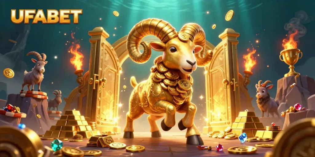 Experience entertainment with UFABET as a golden ram charges through a treasure vault bursting with jewels.