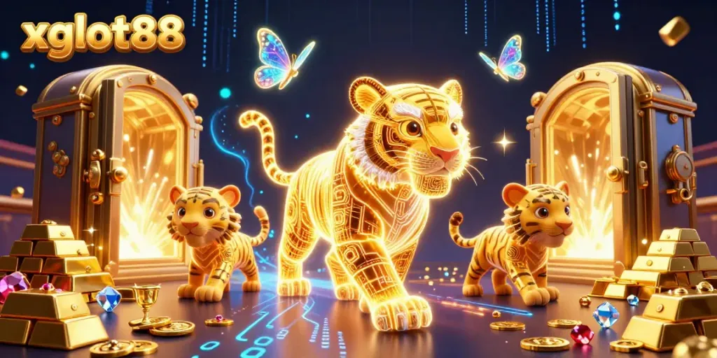 Permainan xgslot88 menawarkan kesenangan dengan karakter harimau emas neon di kasino digital.