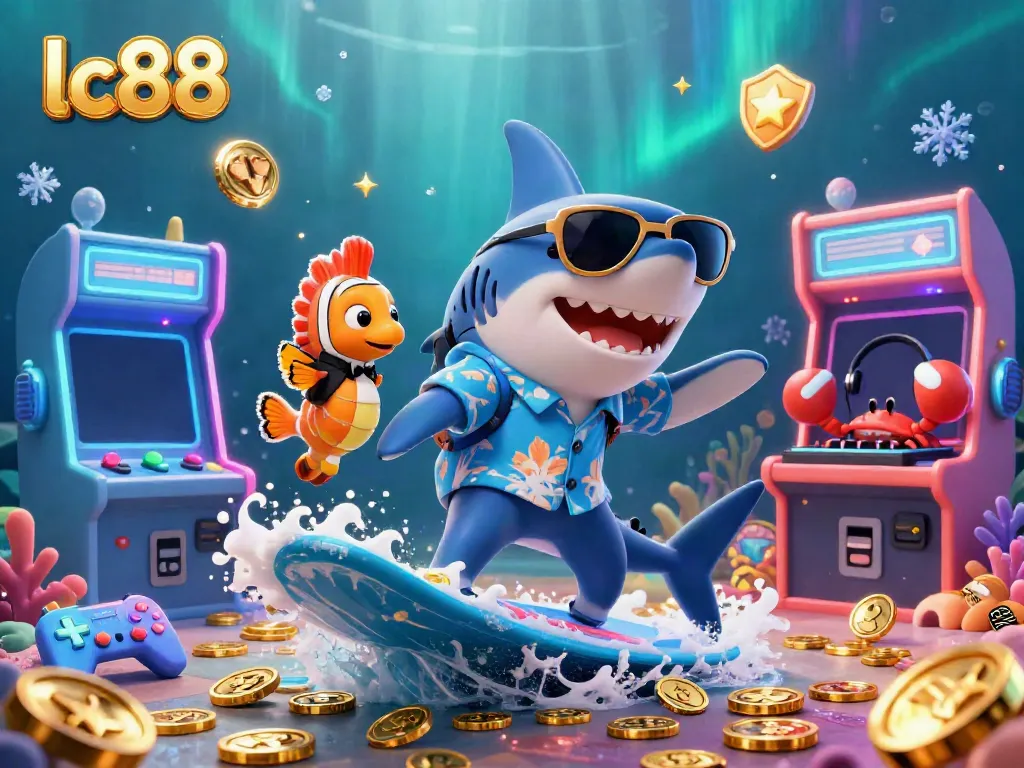 Experience the excitement of lc88 with a lively scene featuring an entertaining shark, clownfish, and DJ, surrounded by casino games.