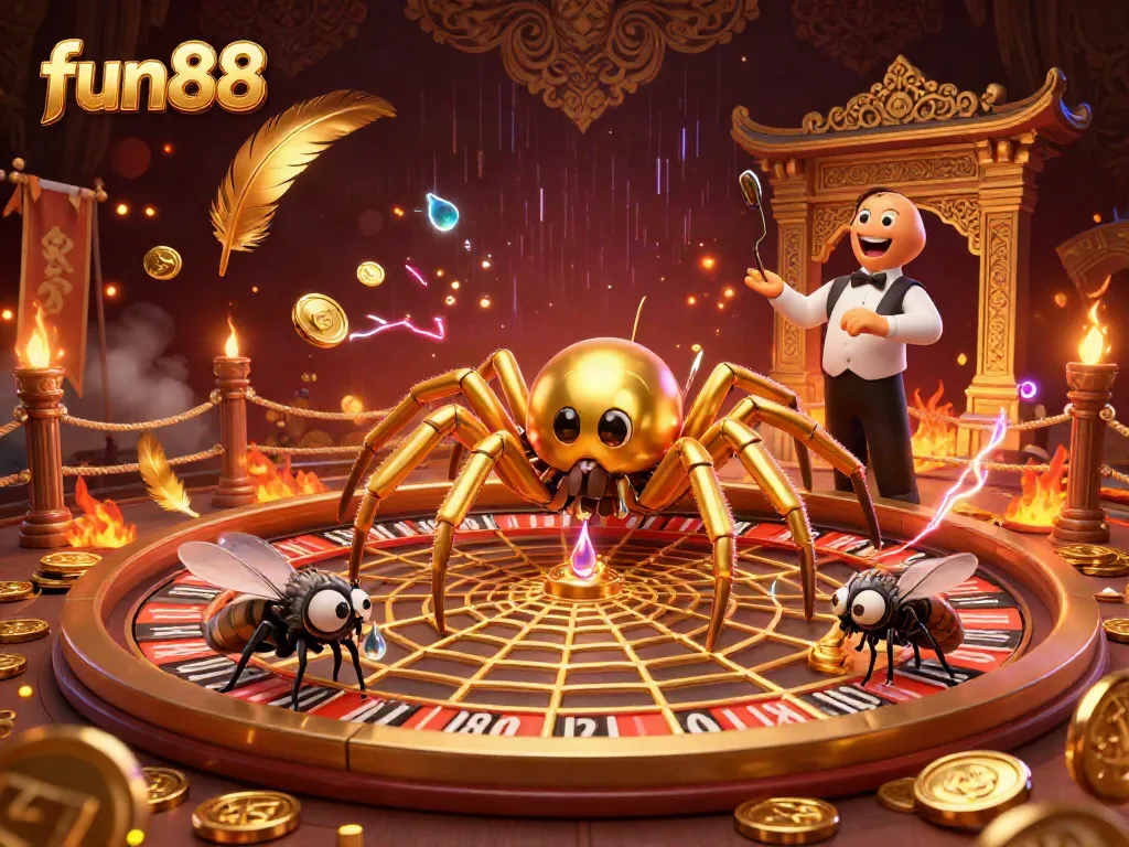 Experience fun88's dynamic casino atmosphere with a golden spider and centipede croupier in a vibrant roulette scene.
