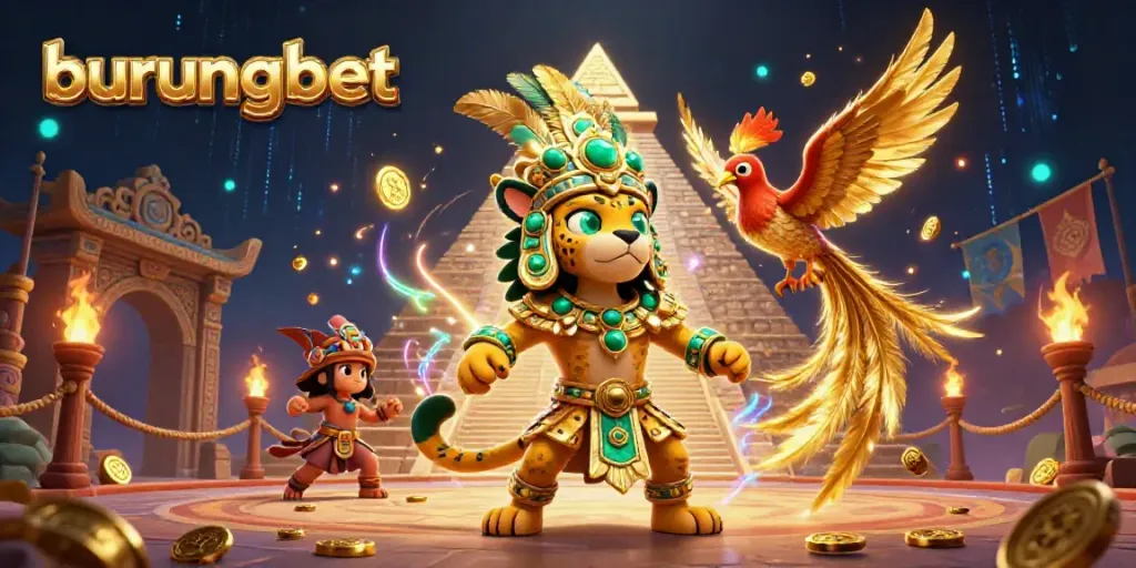 Experience thrilling gameplay with burungbet in a vibrant 3D scene featuring a Mayan jaguar priest and golden quetzal bird.