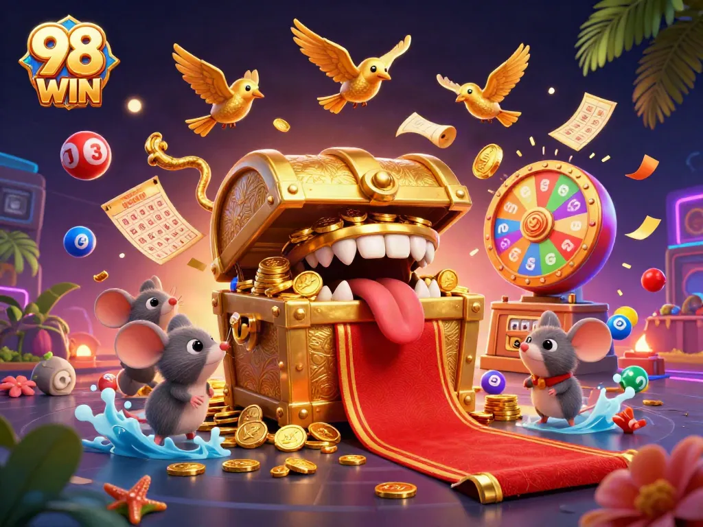 Experience the thrill at 98 WIN with a vibrant casino-themed illustration featuring treasure chests and dynamic game elements