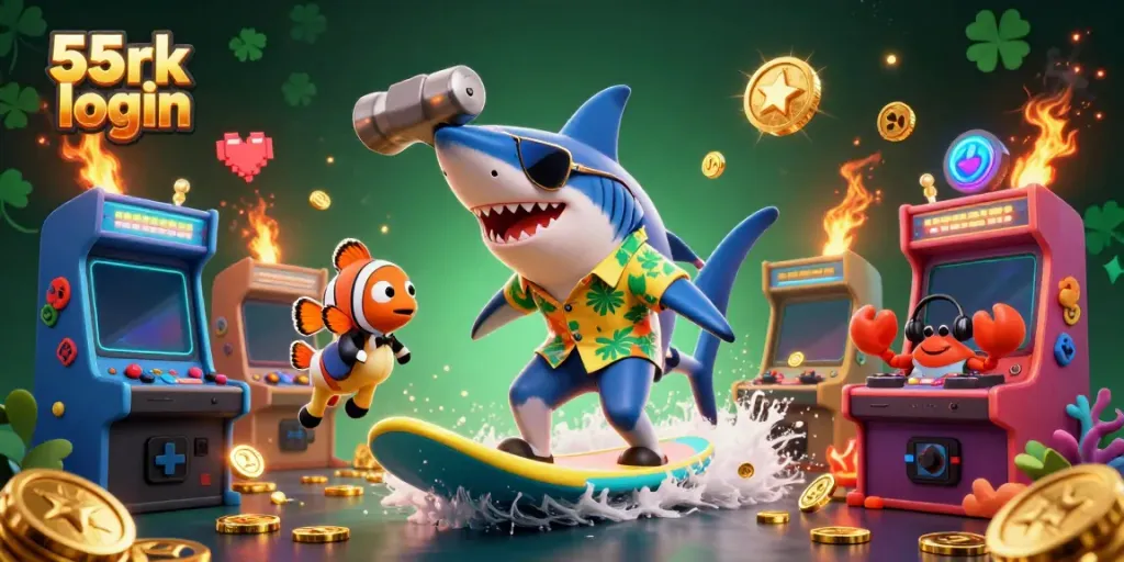 Experience the exciting 55rk login with a vibrant 3D casino illustration featuring fun characters.