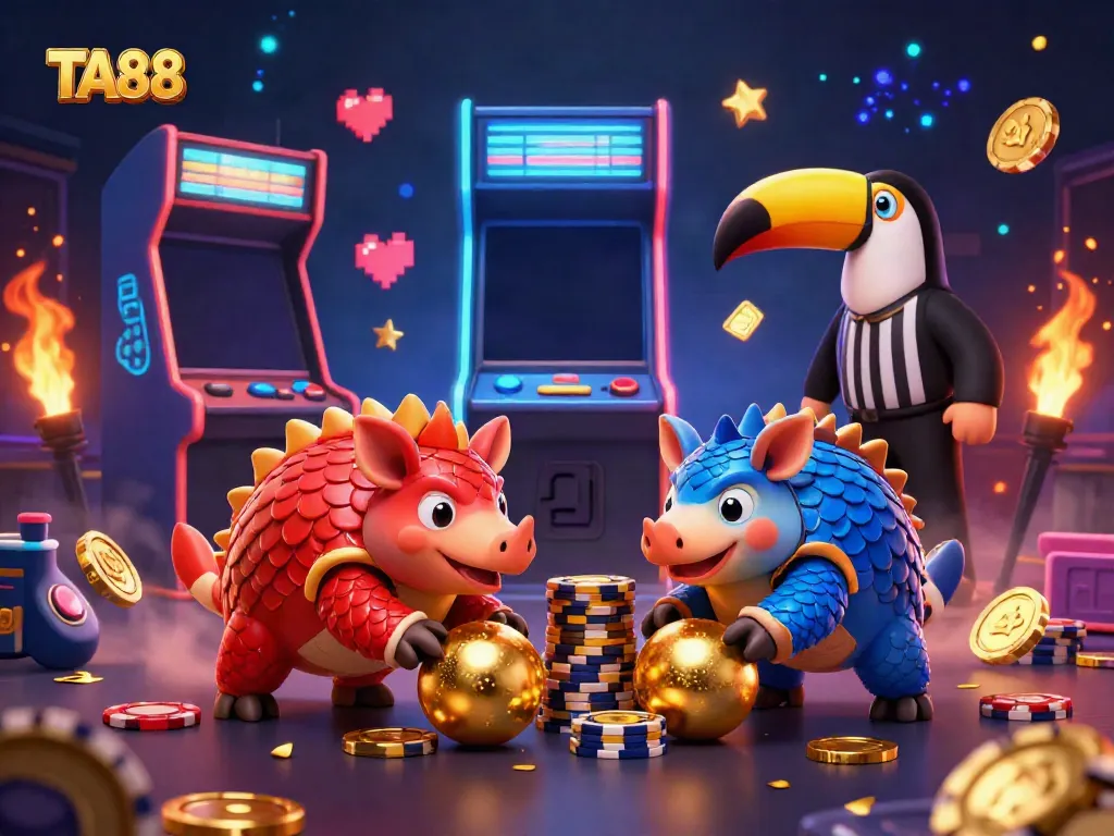 Experience the excitement of TA88 with rival pangolins bowling through poker chips in a vibrant casino scene.