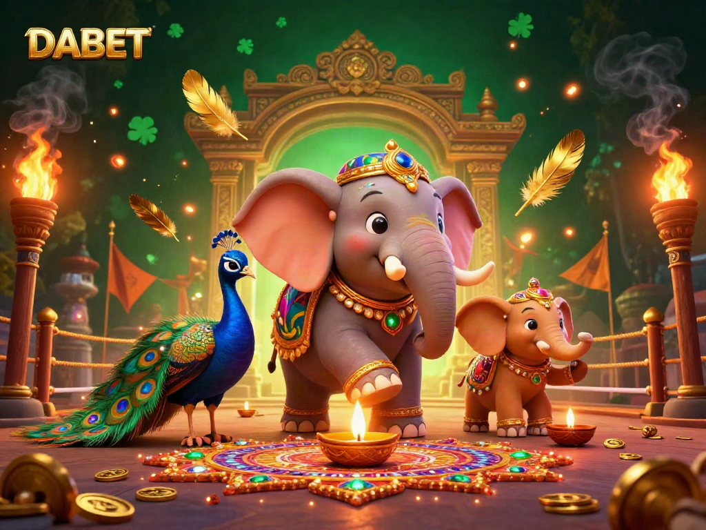 DABET enhances excitement with vibrant 3D illustrations featuring an ornate elephant and peacock in a casino scene.
