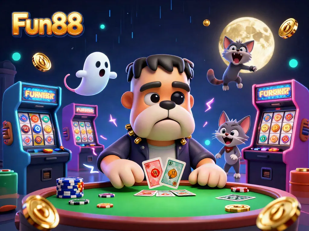 Fun88 caters to gamers with a lively casino-themed illustration showcasing a dog dealer, playful animations, and exciting slot elements.