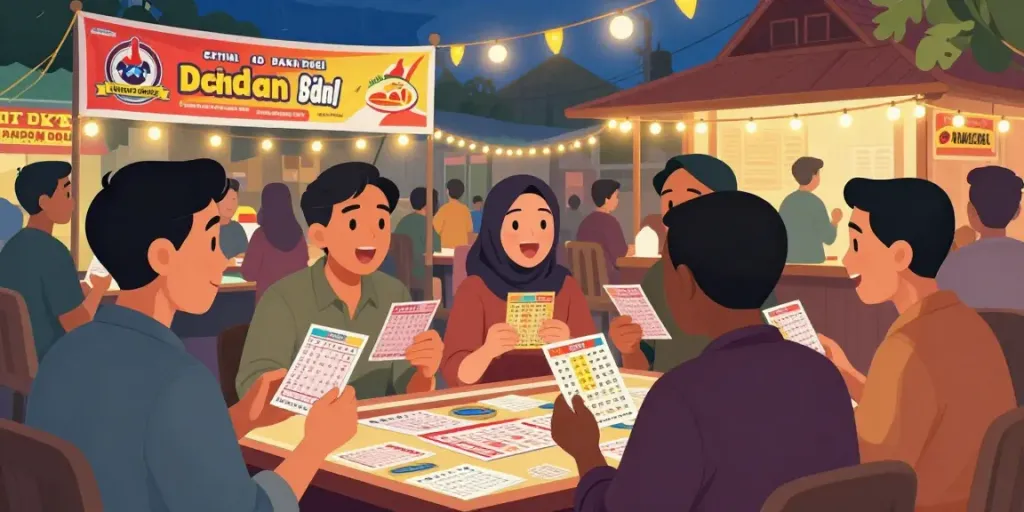 Suasana Bandar Togel di pasar tradisional dengan pemain dan tiket lotere.