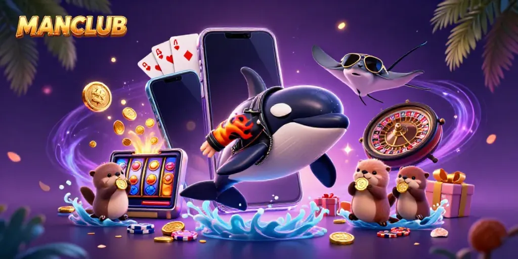 Experience the thrill of gaming with MANCLUB featuring cartoon characters celebrating wins.
