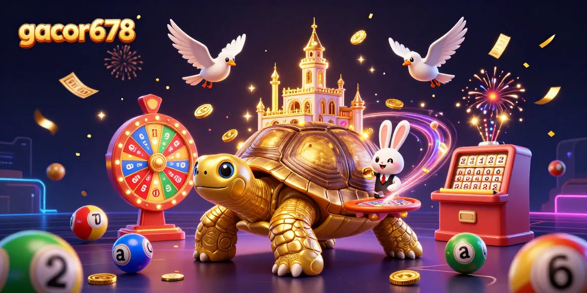 Engage with gacor678's vibrant casino world, featuring a golden tortoise and festive lottery elements.
