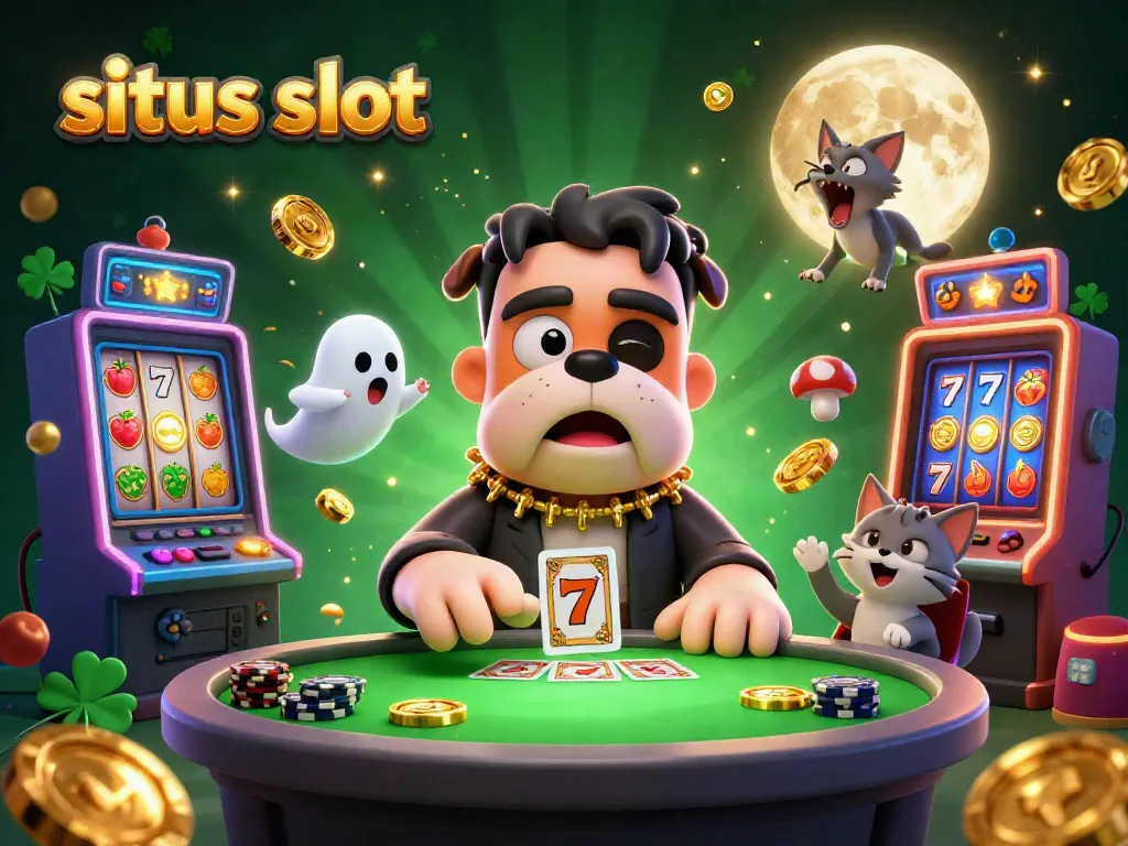 Experience situs slot action with a whimsical 3D scene of a bulldog monster dealing cards and a ghost mouse floating around colorful slots.