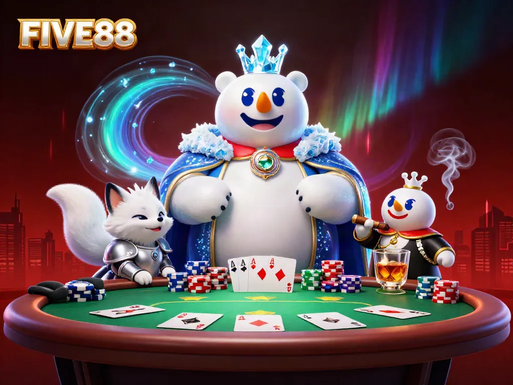 FIVE88 gaming experience featuring ice king and snow fox with poker elements in a vibrant casino setting.