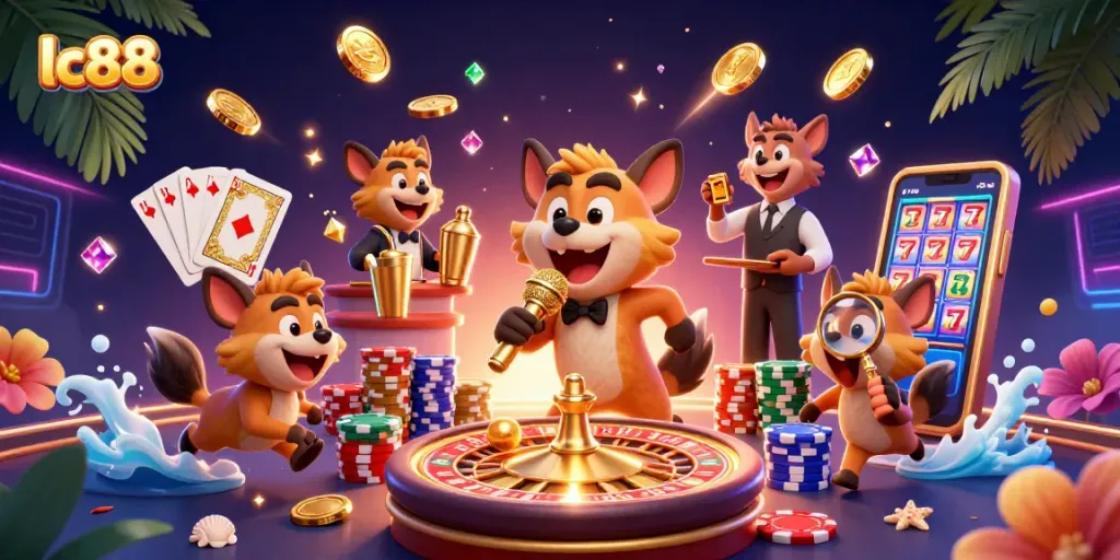 Experience the excitement at lc88's casino with lively hyenas enjoying vibrant games and comedy.