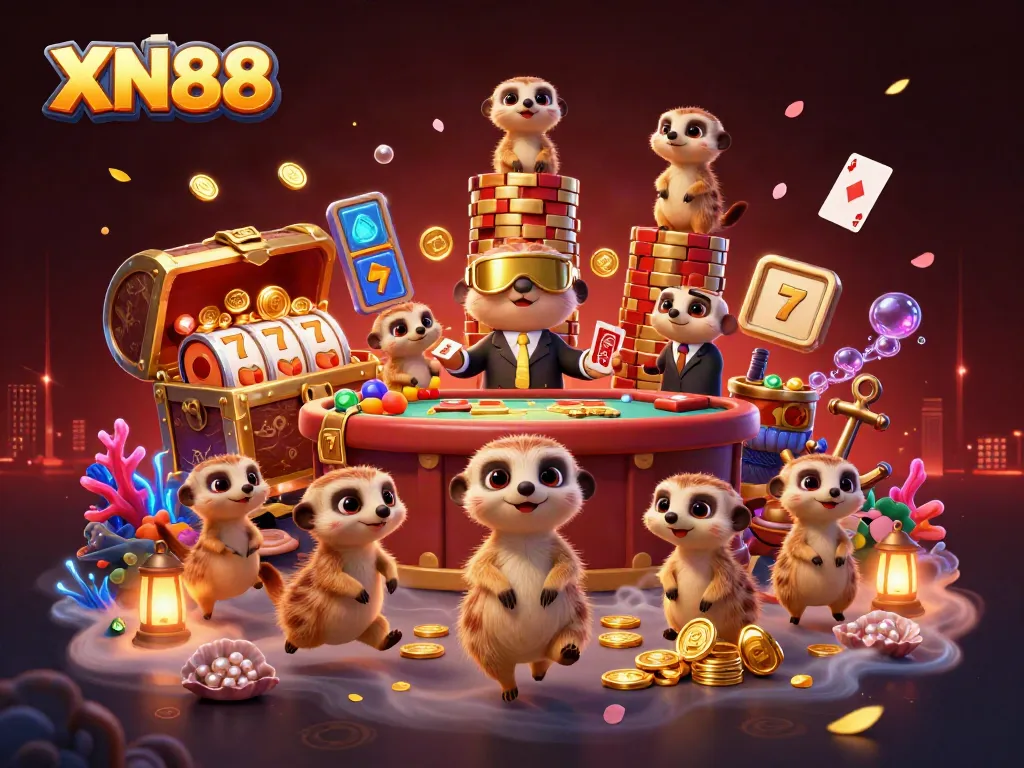 Experience XN88 with lively meerkats operating a colorful casino, full of energy and excitement.