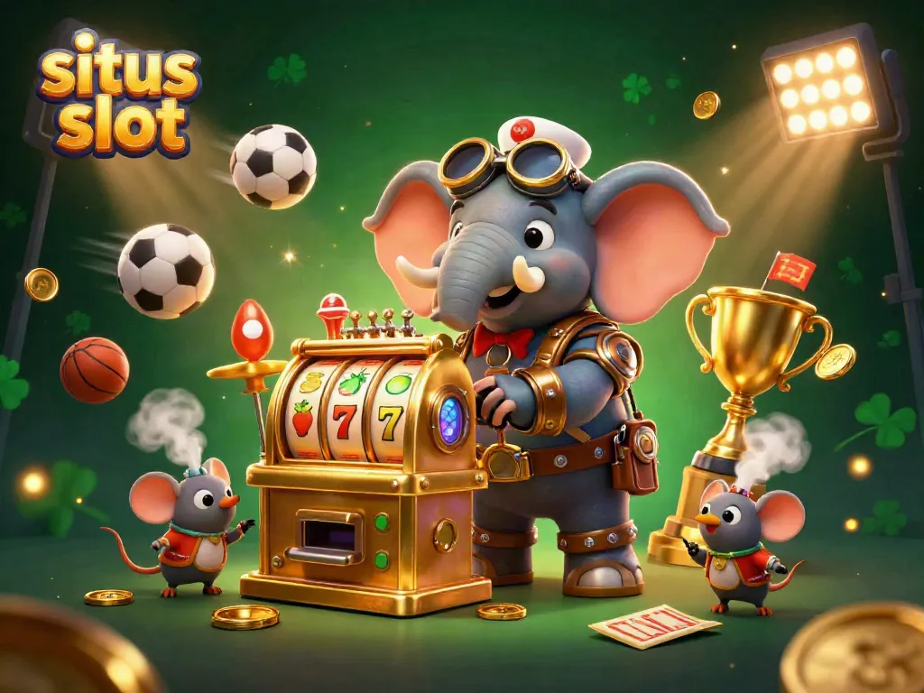 Experience exhilarating gameplay with situs slot featuring a golden slot machine and steampunk characters.