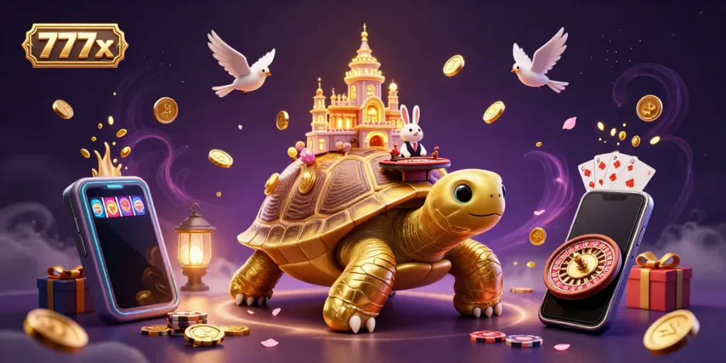 Engage with 777x, a vibrant gaming scene featuring golden tortoise casino and rabbit dealer amidst animated casino elements.
