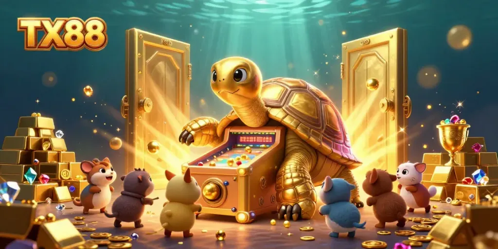 Engage in the exciting world of TX88 with a vibrant casino scene, showcasing rich treasures and animated fun.