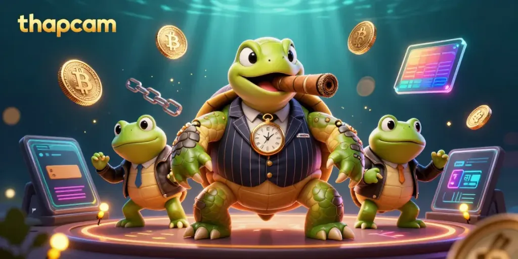Experience thapcam's vibrant casino atmosphere in this 3D illustration showcasing a detailed turtle mobster.