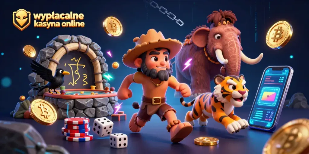 Experience the excitement of wypłacalne kasyna online showcasing prehistoric characters amidst vibrant crypto elements.