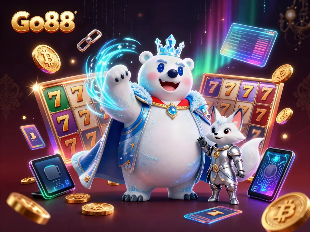 Experience the excitement at Go88 with a lively polar bear and snow fox in a vibrant casino scene.
