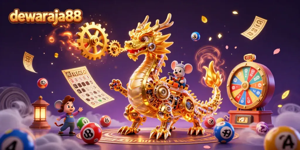 Putaran slot gacor di dewaraja88 menampilkan naga emas mekanik dan elemen menarik lainnya.