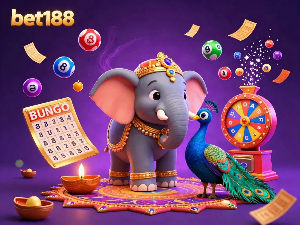 Engage in the vibrant world of betting at bet188 with a colorful illustration of a Diwali-themed elephant and money-filled dynamic elements.