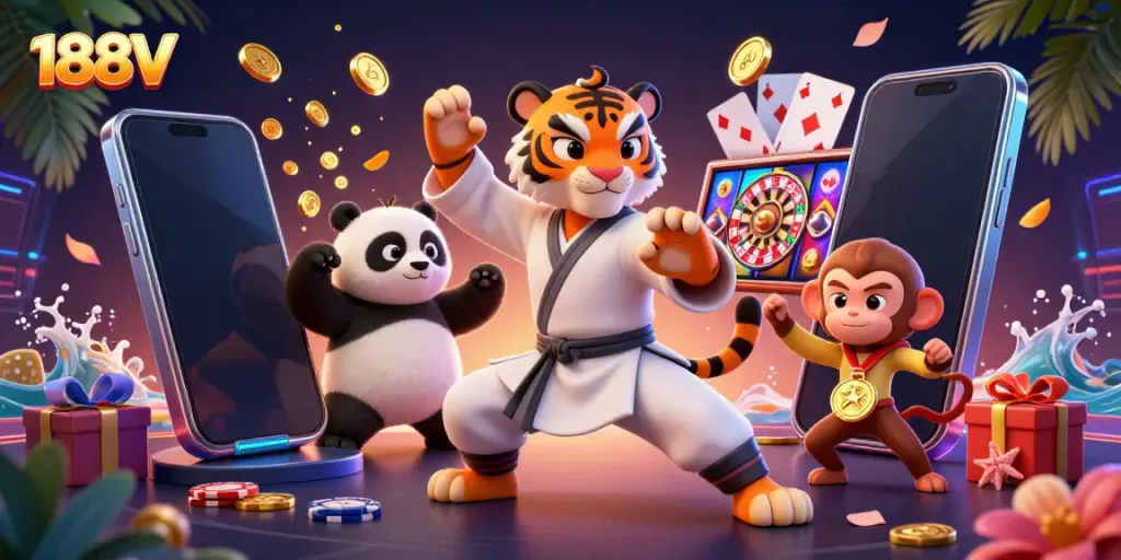 Experience thrilling adventures with 188V as the kung fu tiger leads the way in a vibrant casino scene.