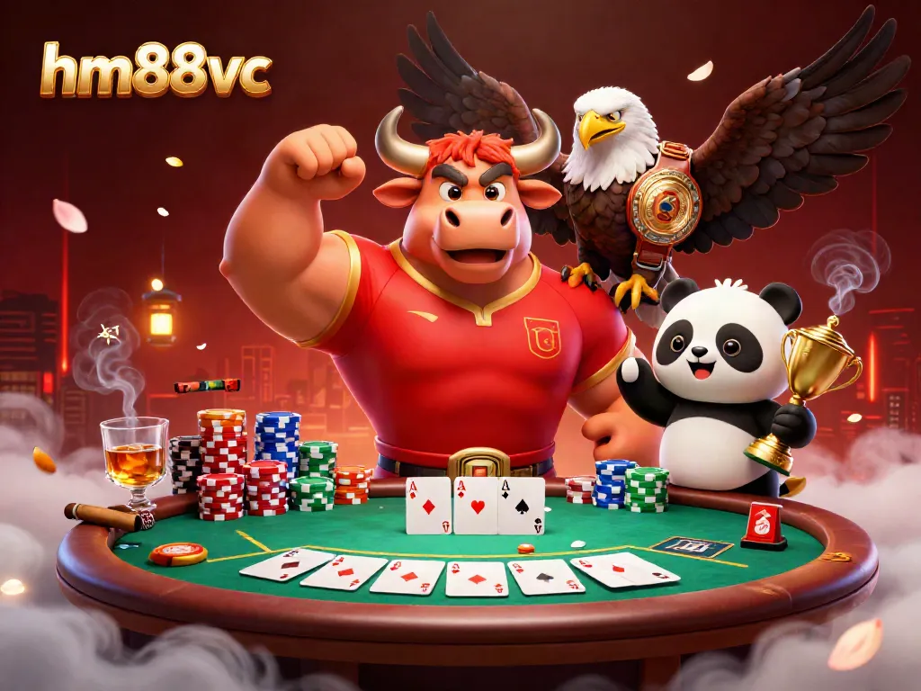 Victory scene of hm88vc characters celebrating at a poker table, showcasing vibrant casino game elements.
