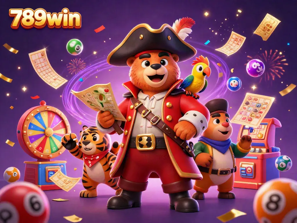 Engage with 789win's vibrant casino adventure featuring a pirate bear, tiger, and magical lottery elements.