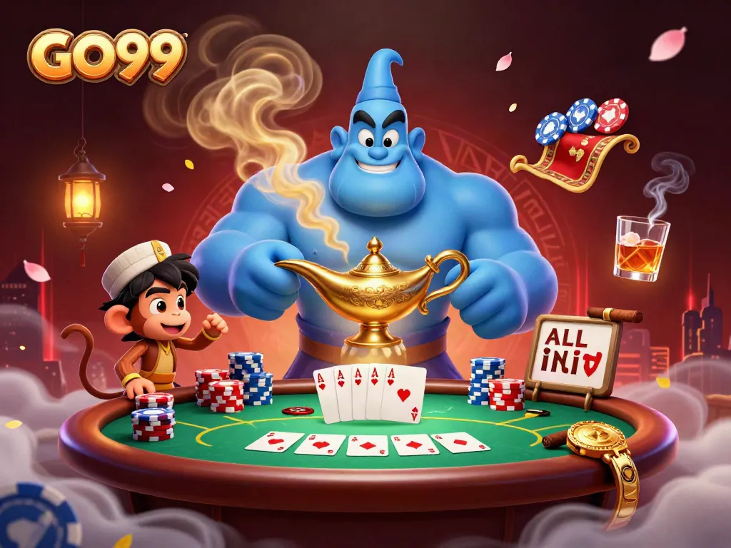 Experience high-stakes poker action with GO99's captivating 3D casino illustration.