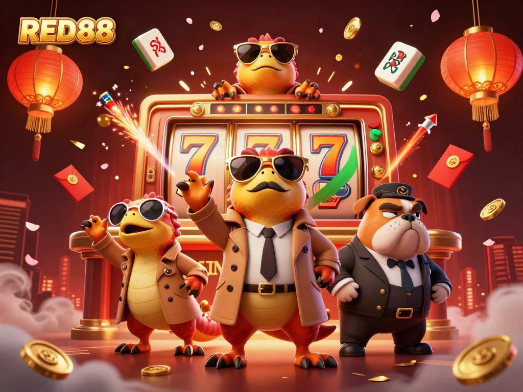 Raptors disguised as a tall person entering RED88 casino, surrounded by slot reels and festive decor.