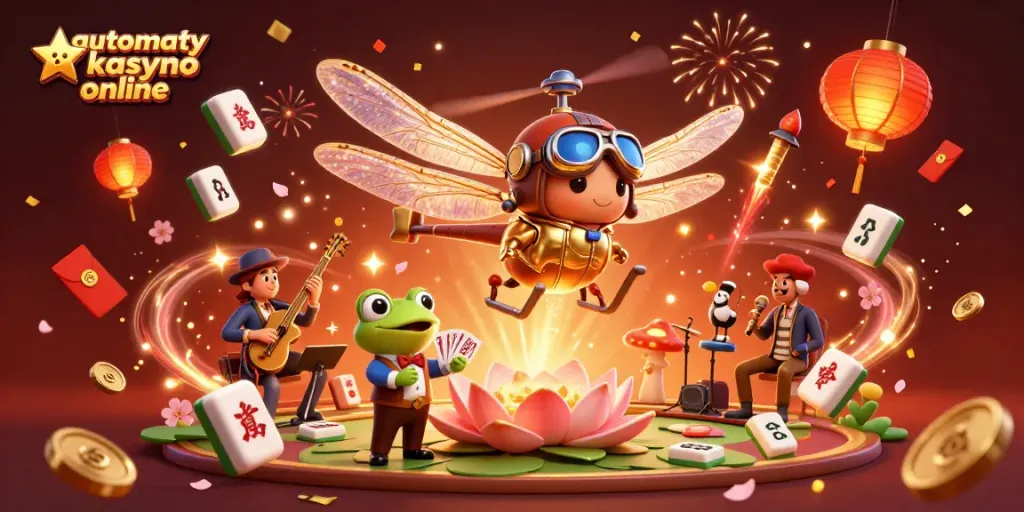 Experience the excitement of automaty kasyno online with vibrant characters, games, and festive elements in this captivating illustration.