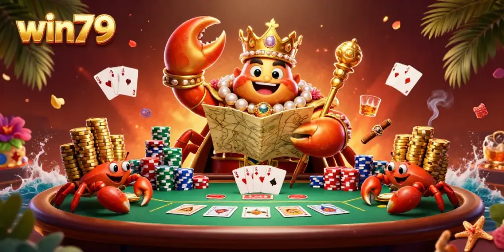 Win79's golden crab emperor holding treasure and scepter in a vibrant casino setting.