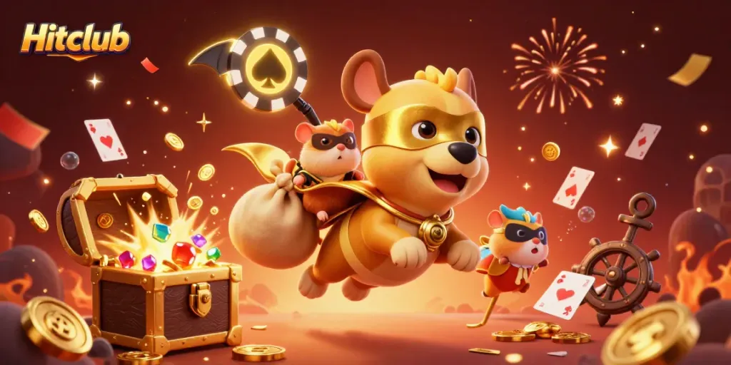 Hitclub symbolizes winning big with a superhero dog and gold coins amidst a vibrant, dynamic casino scene.