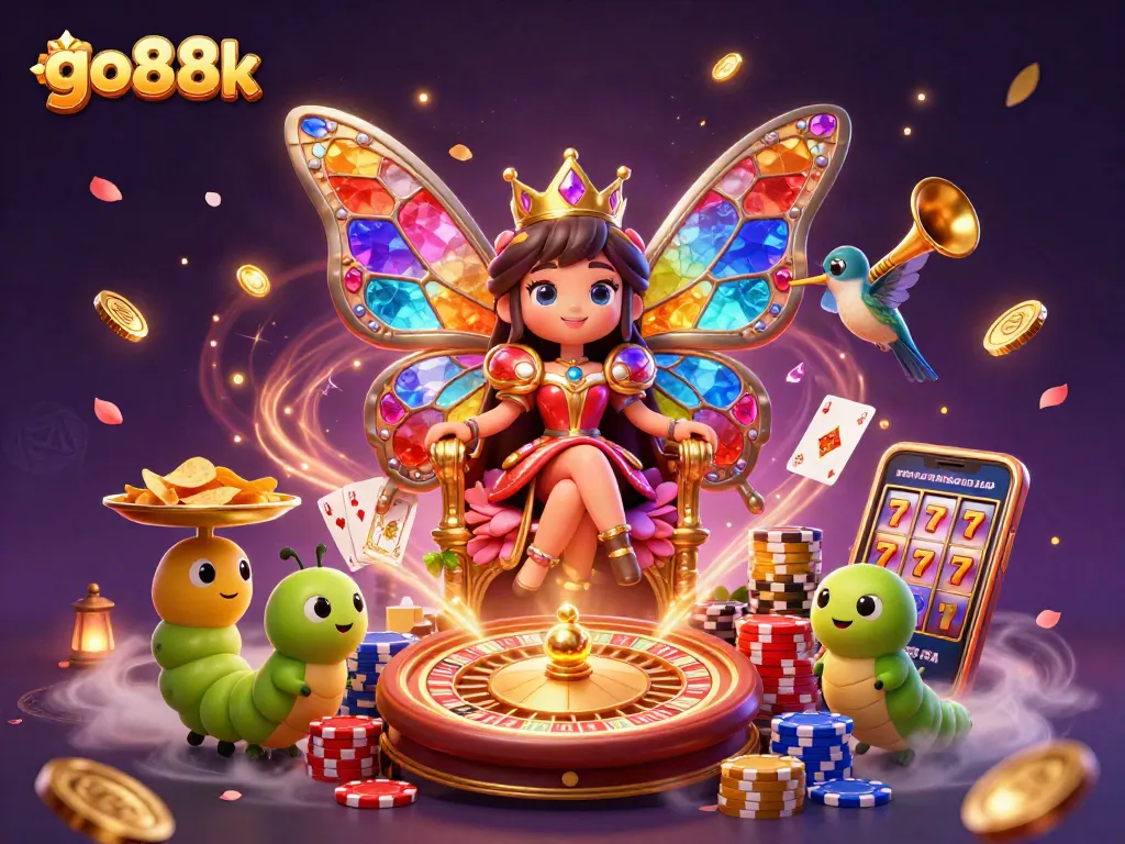 Engage with go88k's captivating butterfly queen and vibrant casino elements for a chance to win!