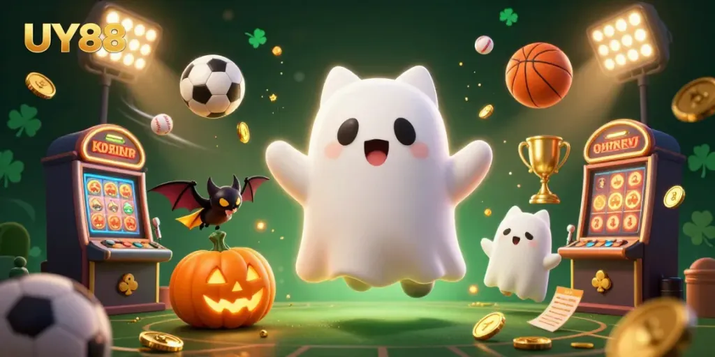 Experience thrilling gameplay at UY88 with a vibrant casino scene featuring a friendly ghost cat and dynamic sports action.