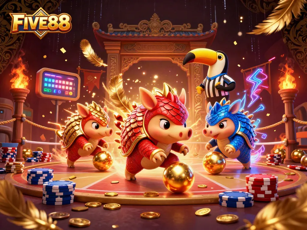 FIVE88 pangolins compete in a dynamic casino scene, featuring poker chips and vibrant elements.