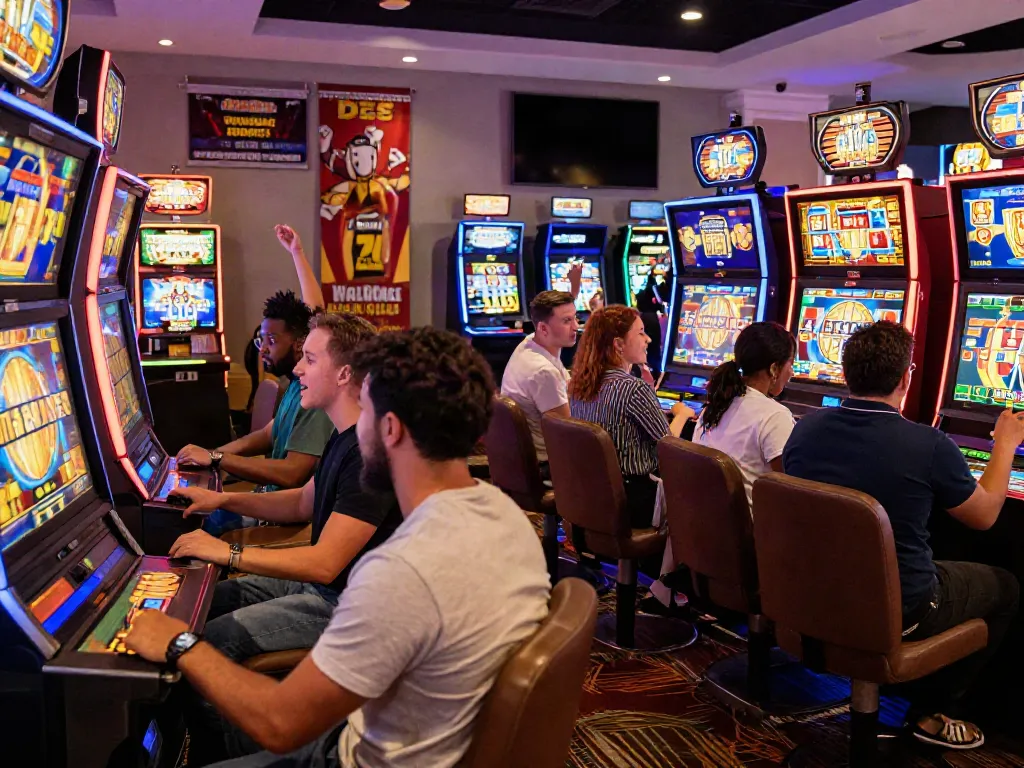 Diverse group enjoying slot gacor games in a modern casino with vibrant graphics and lively atmosphere.
