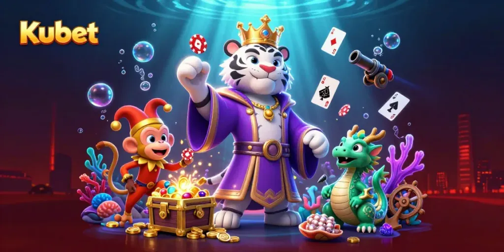 Engage with Kubet's enchanting gaming universe featuring a royal tiger, playful monkey, and vivid treasures.