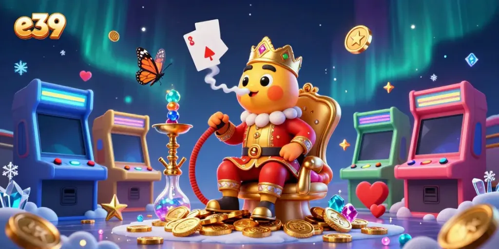 Experience thrilling gameplay with e39's vibrant 3D casino-themed illustration showcasing diverse gaming elements.