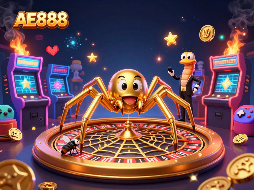 Experience the thrill of betting at AE888 casino with exciting 3D gaming elements filled with golden spider and vibrant animations.
