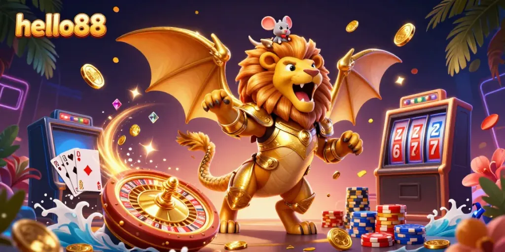 Experience thrilling gaming adventures at hello88 with a dynamic chimeric creature and casino elements.