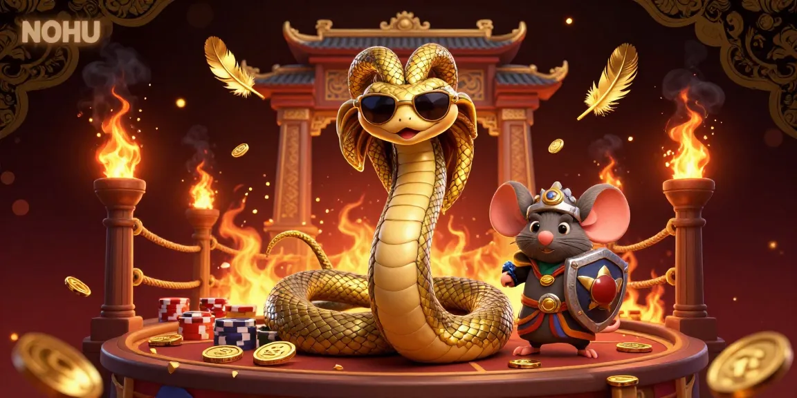 Engage with NOHU at a vibrant casino filled with golden coins, fire effects, and friendly characters.