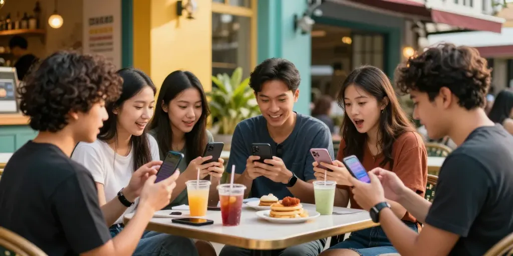 Friends enjoying a lively café moment checking togel 4d results on their phones.