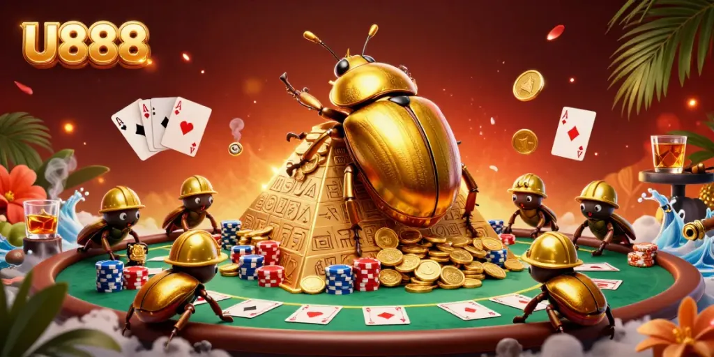 Experience the thrilling U888 casino vibe with dynamic gaming elements and golden treasures.