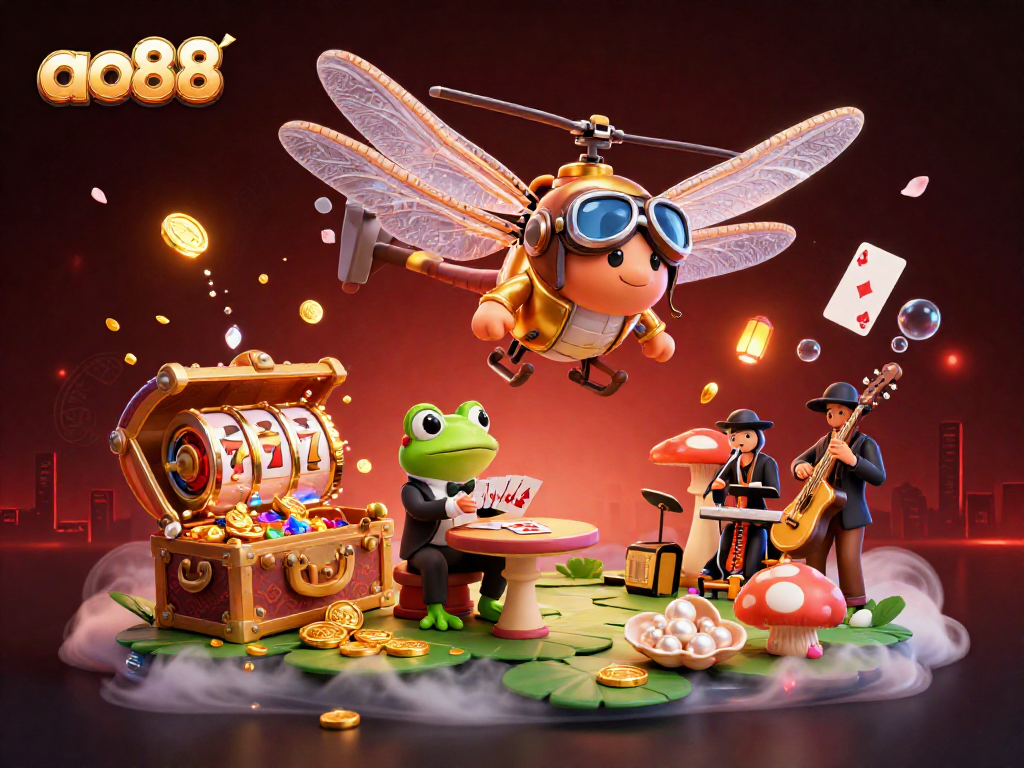 Bet big with ao88 as the dragonfly pilot soars over a lush lily pad casino filled with treasures.