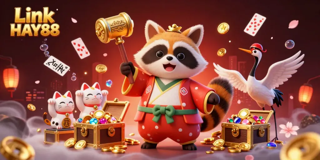 Experience the excitement of online casinos with Link HAY88, featuring a vibrant tanuki and enchanting symbols.