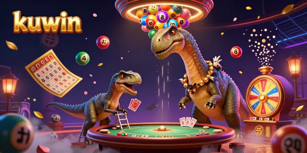 Engage with kuwin in this vibrant 3D casino scene featuring a brontosaurus and raptor at the poker table.