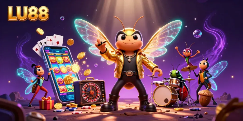 Experience the excitement of LU88's vibrant online gaming scene with engaging illustrations.