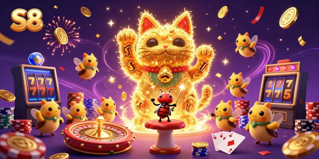 Experience S8's vibrant world of gaming with this animated lucky cat and dynamic casino symbols.